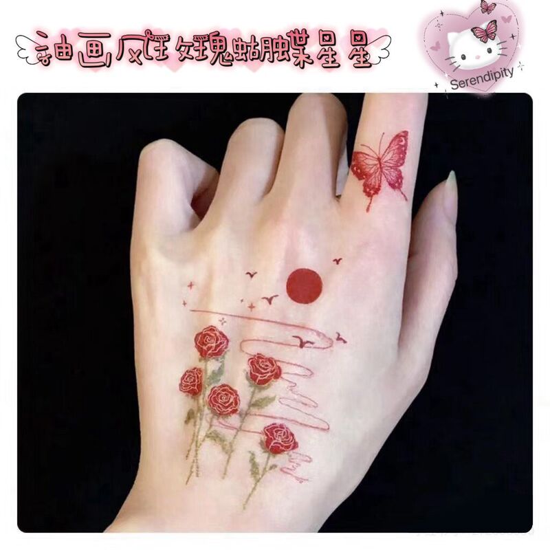Sunset Rose Sea Oil Painting Stick Pink Butterfly Rose Tattoo Sticker Moon Girl's Poem Girl's Fresh Tattoo Sticker