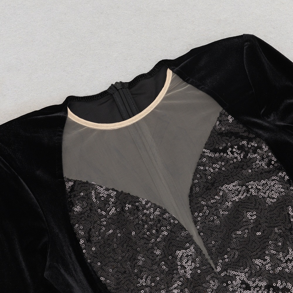 Autumn Winter Elegant Long Sleeve round Neck Long Patchwork Dress Evening Dress