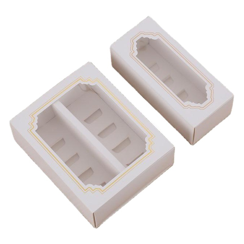 5 tabletas/10 piezas transparente ventana macaron caja de embalaje borde dorado blanco caja de cartón para hornear galleta caja de pastelería
