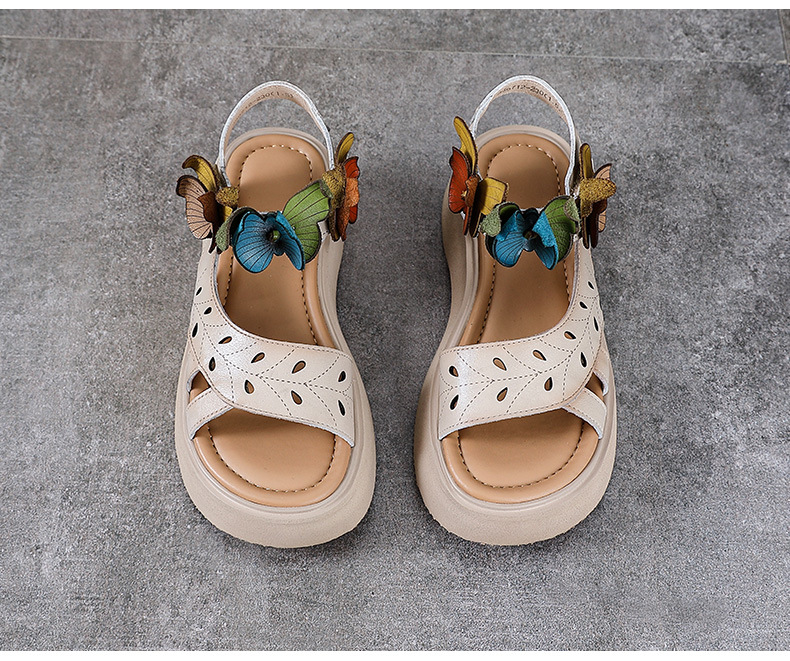 Sandal nữ hở mũi đế bệt da bò thật quai mảnh thủ công hoa — Màu trắng be chi tiết 14