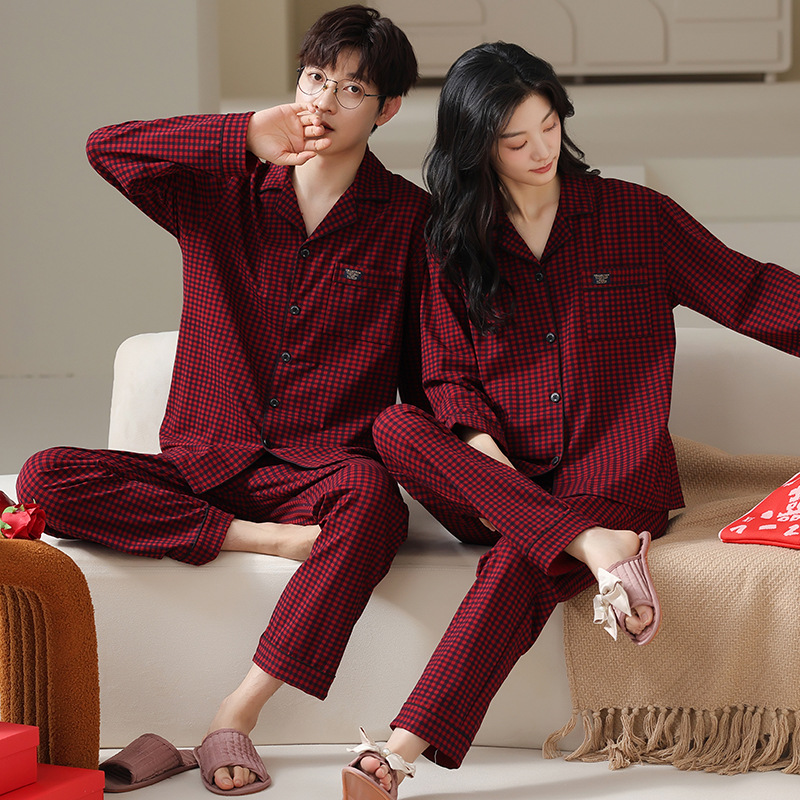 YISHUBEI 빨간 잠옷, 웨딩 커플 가정복, 가디건 긴팔 남성 가을 순면 고급 여성 잠옷