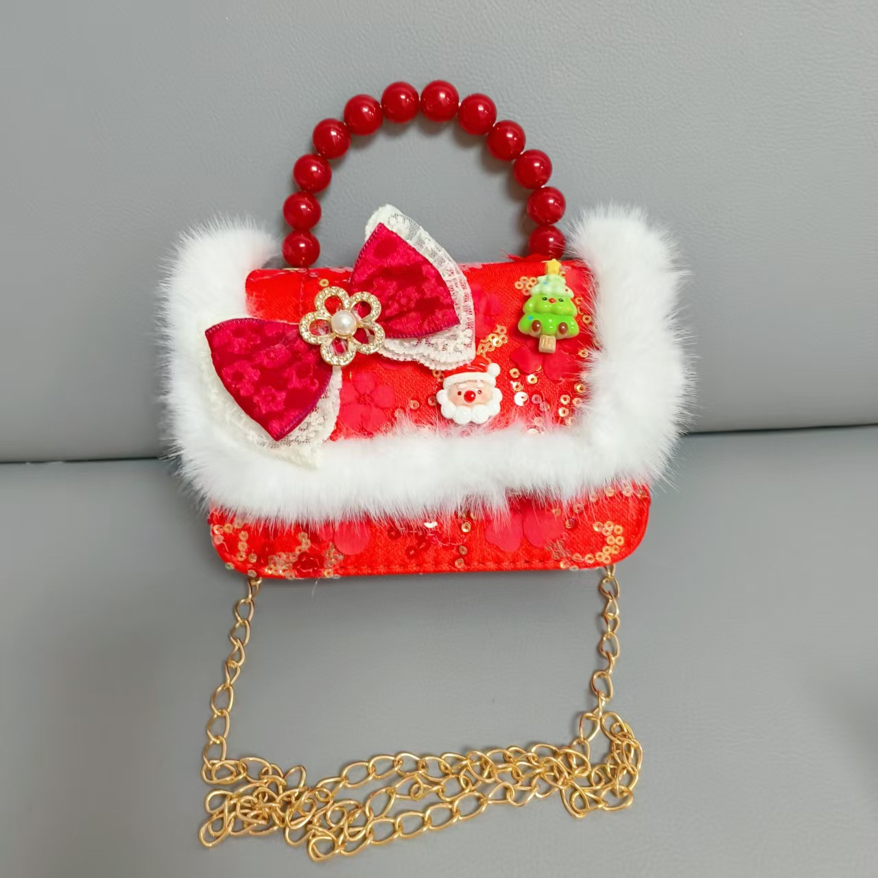 Gran bolso de perla de arco rojo, Santa Claus, bolso de Año Nuevo, cartera de Año Nuevo, hombro, pequeño viento fragante