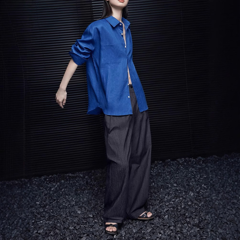 Oment Blue Linen Lapel Shirt Top for Women 2026 Summer New Style Loose Simple Design with a High-End Feel