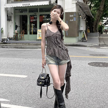 官图实价 独特别致做旧手工磨破吊带背心女荷叶边拼接不规则上衣