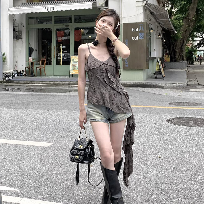 官图实价 独特别致做旧手工磨破吊带背心女荷叶边拼接不规则上衣