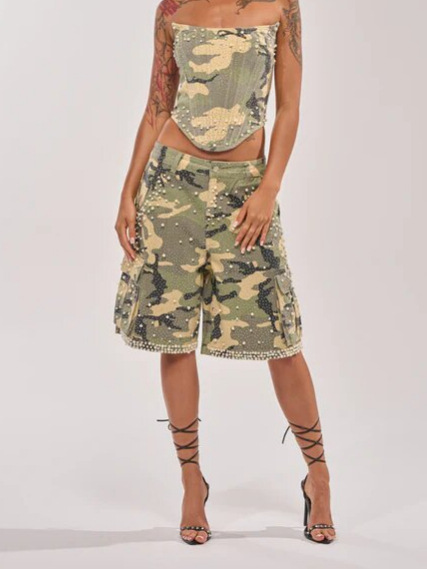 green rhinestone camo denim bermuda shorts detail 8