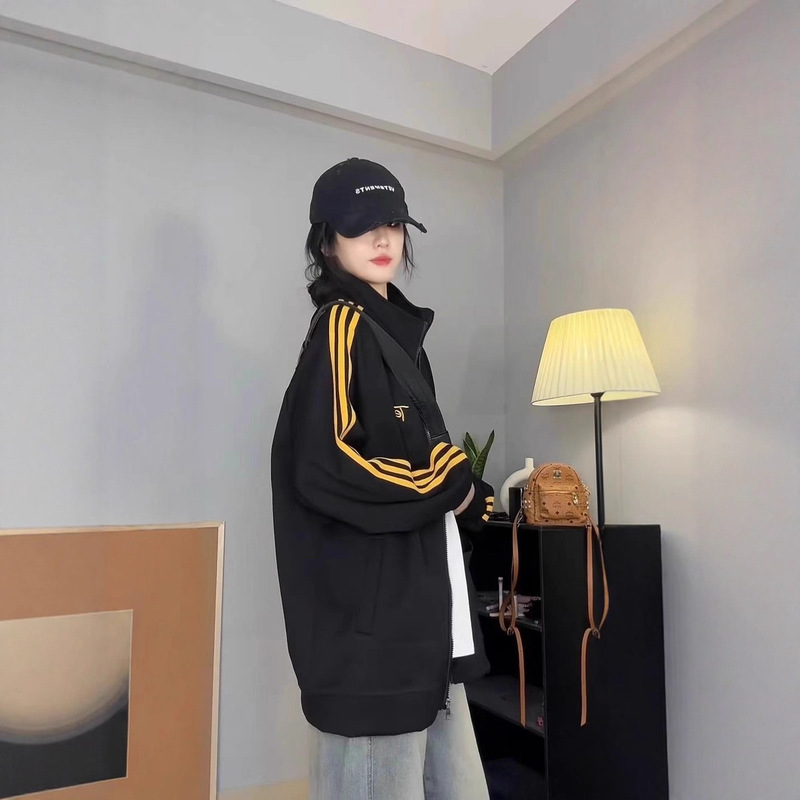 2025早秋新款宽松美式复古条纹卫衣外套女撞色立领拉链长袖棒球服|undefined