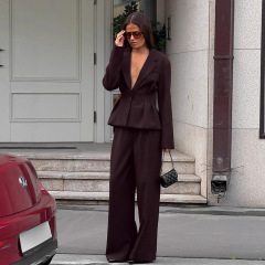 跨境欧美休闲收腰西服套装女2025秋季职场棕色收腰西装西裤一整套