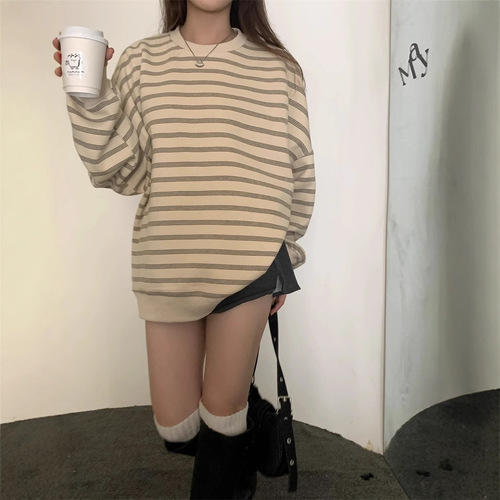 Korean Striped Sweatshirt for Women - Autumn 2025, Thin, Loose, Versatile, Slimming, Casual, Round Neck Student Top, Trendy