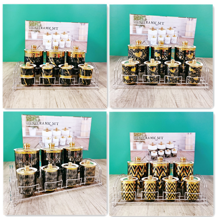 Exportar cocina sellado tarro Medio Oriente árabe galvanoplastia cerámica condimento tarro café tarro con marco de hierro de doble capa