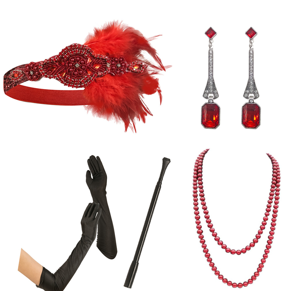 1920 Flapper vestido de niña disfraz de Halloween guantes de cigarrillos collar de varilla venda tira de lana conjunto de cinco piezas