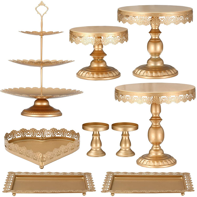 Dorado hierro forjado mesa de postres decorativa estante de exhibición bandeja de pastel de estilo europeo de la tarde refresco mesa de comida fría mesa de té
