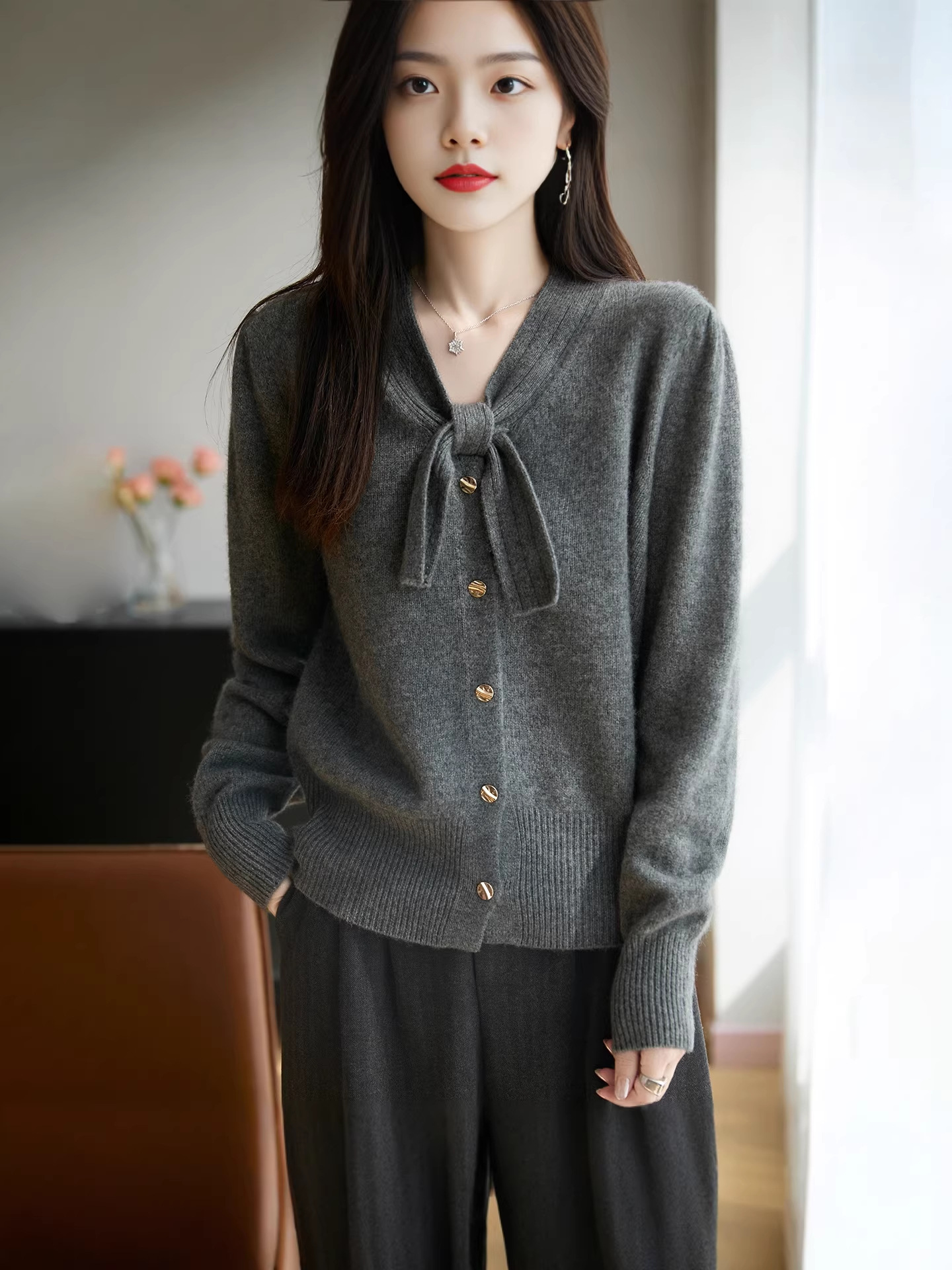 Áo cardigan nữ tay dài nơ bướm dáng rộng — màu xám
