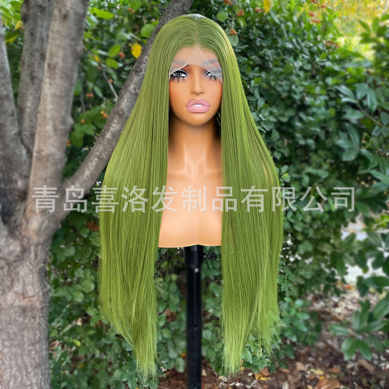 Yellow green long straight hair 13x 4 front lace wig European and American style foreign trade high temperature silk natural hairline grass green