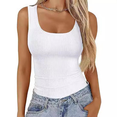 2024アマゾンの女性式の方襟のリブのカジュアルなtシャツの袖なしの弾力性の修身の基本的なベストの女性の上着