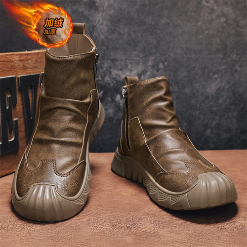 Men's Fall Retro British Leisure Mid-Top Leather Shoes Black Motorcycle Side Zip High-Top Work Boots