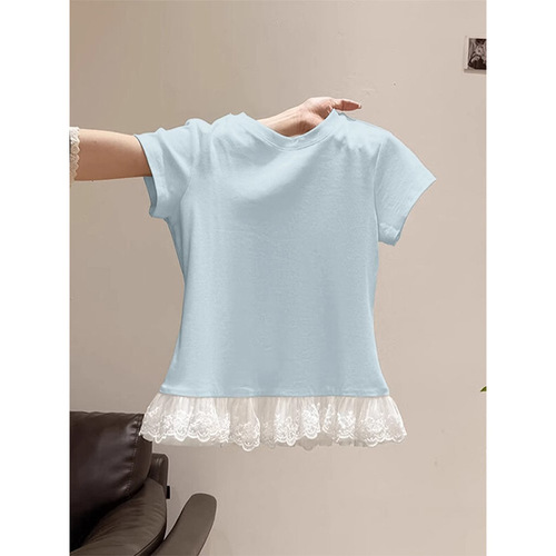 Pure Desire Lace Hem Crew Neck Short Sleeve T-Shirt for Women - 2025 Summer New Slimming Fashion Student Top