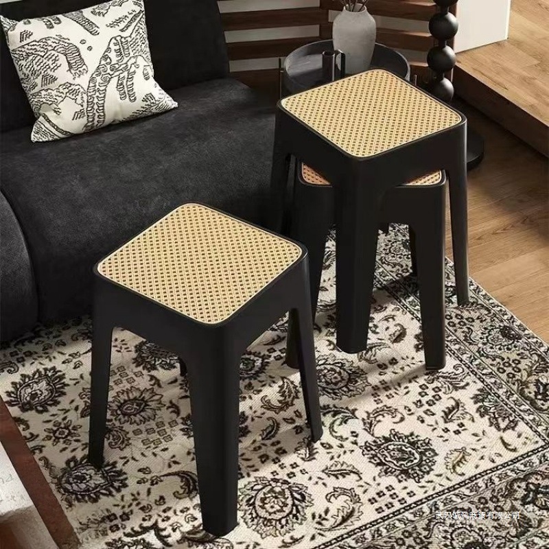 中古风藤编塑料凳子结实耐用方凳餐厅加厚凳子家用可叠放备用椅子|undefined