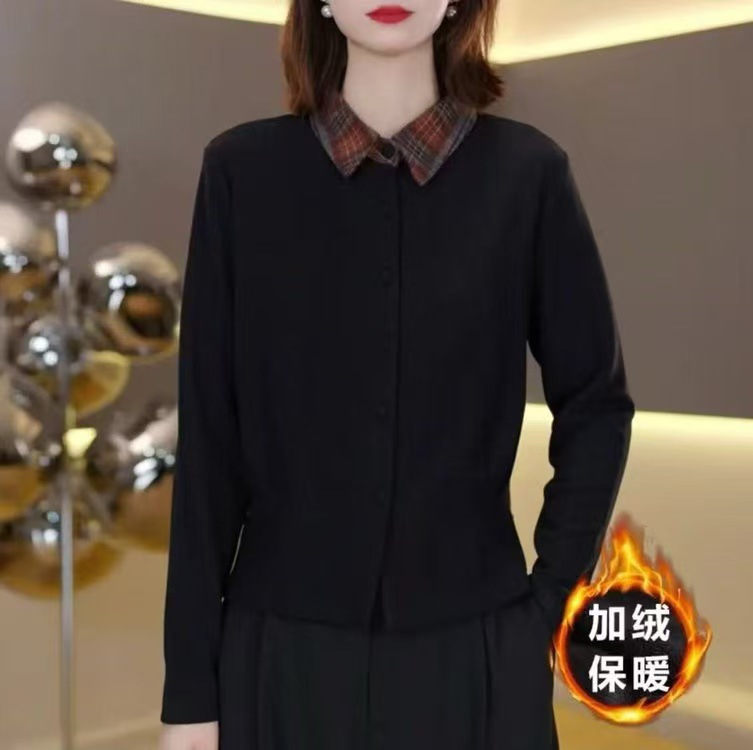 Autumn Style Irregular Plaid Splicing Fake Two-Piece Top for Women Casual Lapel Versatile Simple Long Sleeves