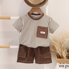 新款夏季男童圓領豎條小兜可愛短袖休閒棉質五分褲兩件套廠家批發