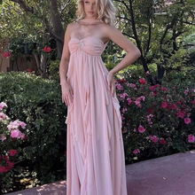 法式挂脖雪纺礼服裙性感裹胸露背星星装饰不规则荷叶边连衣裙长裙