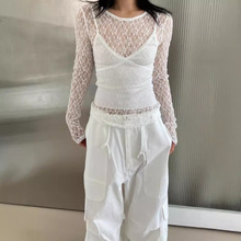 秋季~韩国立体泡泡花朵镂空蕾丝衫长袖圆领套头T恤上衣打底内搭