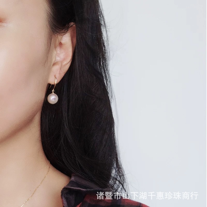 천연 담수 ZHUJI 진주 귀고리 10-11MM 완벽한 둥근 밝은 빛 완벽한 귀걸이 18K 금 강한 빛 기질