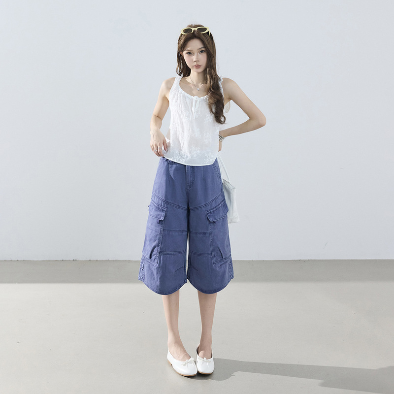 American Retro Navy Blue Workwear Cropped Jeans for Women, Summer Relaxed Style, Multi-Pocket Loose Straight Mid-Length Pants, Trendy American Retro Navy Blue Workwear Cropped Jeans for Women, Summer Relaxed Style, Multi-Pocket Loose Straight Mid-Length Pants, Trendy