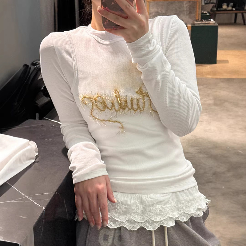 Ae Gold Thread Shiny Embroidery Fake Two-Piece Long-Sleeve T-Shirt for Women 2026 Spring Slim Fit Simple Versatile Trendy Brand Base Shirt Ae Gold Thread Shiny Embroidery Fake Two-Piece Long-Sleeve T-Shirt for Women 2026 Spring Slim Fit Simple Versatile Trendy Brand Base Shirt