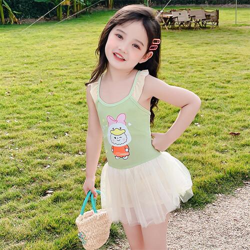 Children's one-piece swimsuit for girls, summer cute baby swimming pool hot spring mesh dress-style straight-leg pants
