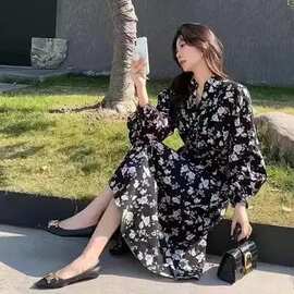 K姐*** 【玫瑰茶歇长款连衣裙】花瑶印花气质V领长款碎花连衣裙
