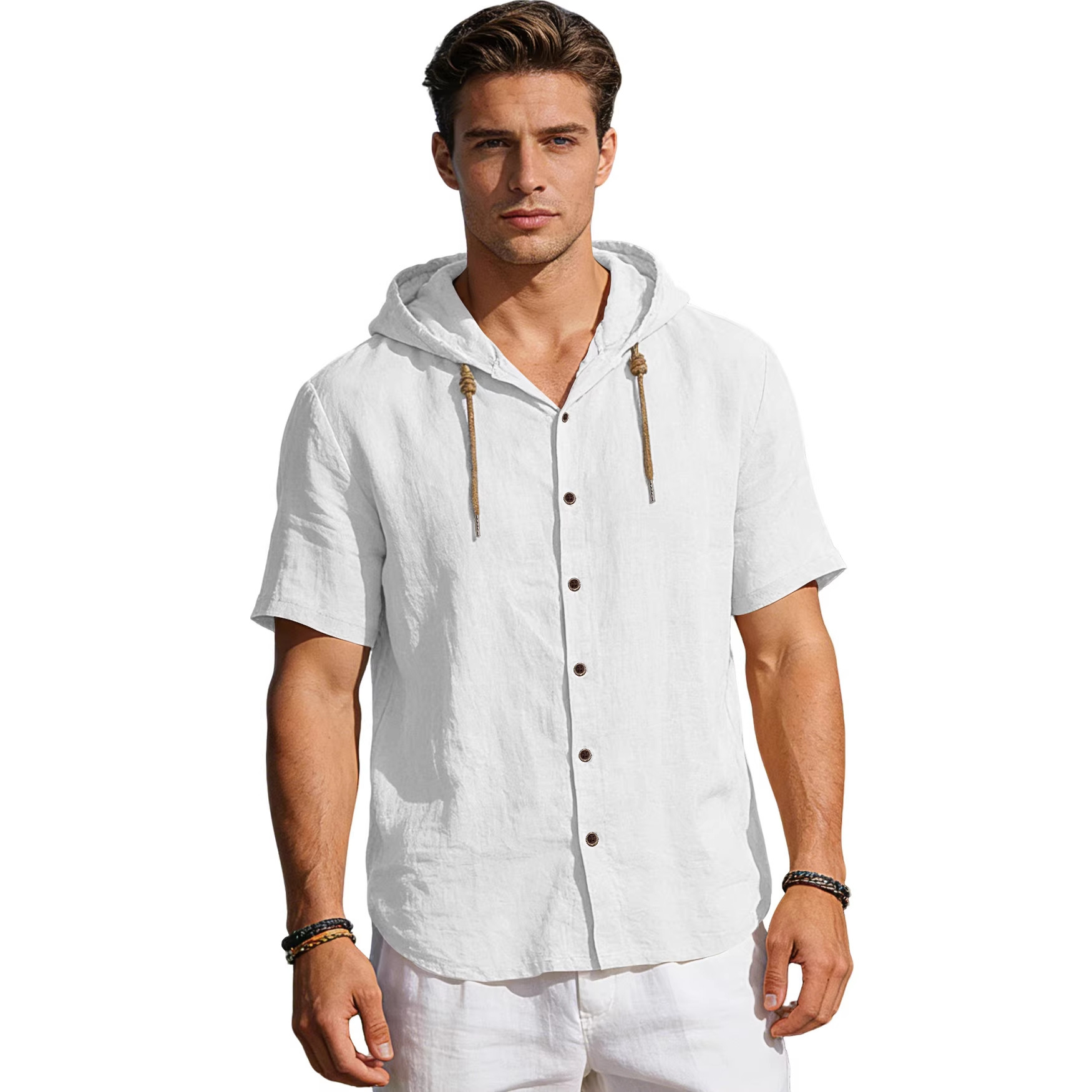 Nuevo transfronterizo TK Amazon nuevo estilo americano de verano delgado transpirable lino suelto camisa de mangas cortas de hombre