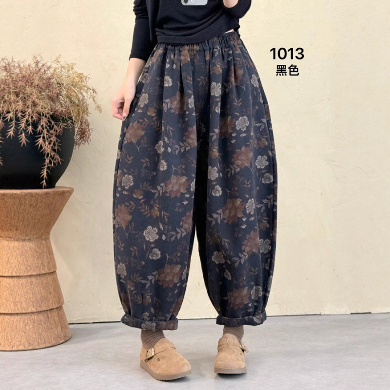 文艺复古斜纹棉印花松紧腰哈伦裤女2025秋新款宽松大码长裤 1013|undefined