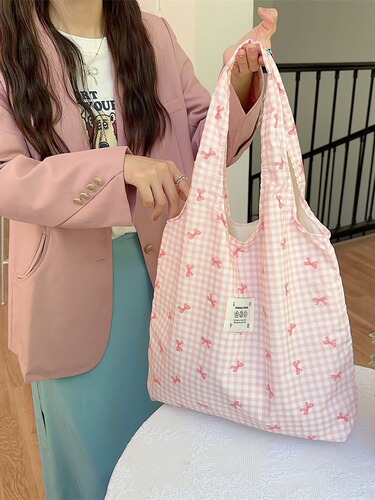 44301 Large Capacity Simple Embroidered Butterfly Bow Canvas Shoulder Bag Open Mouth Women's Shopping Bag Tank Bag