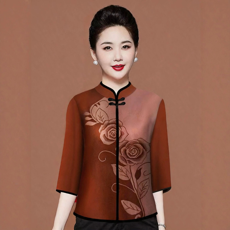 Three-Quarter Sleeve Improved Cheongsam with Traditional Chinese Style Button-Down T-Shirt for Women, Retro Print Ethnic Style Loose Slimming Top for Women