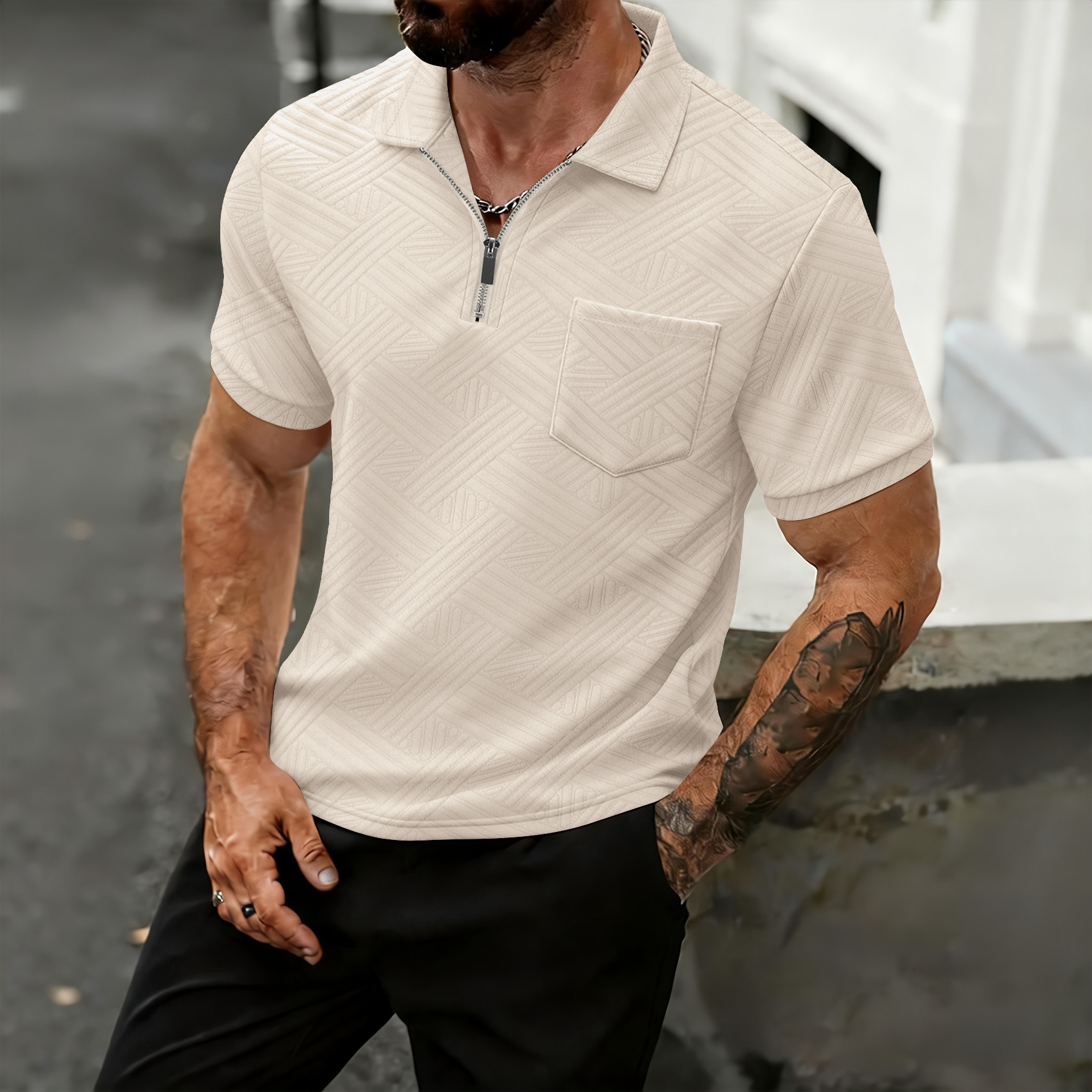 Polo da uomo in stile americano, vestibilità comoda e casual, con colletto rovesciato, tasche con cerniera, maglietta in jacquard traspirante, primavera autunno estate_voghion.com