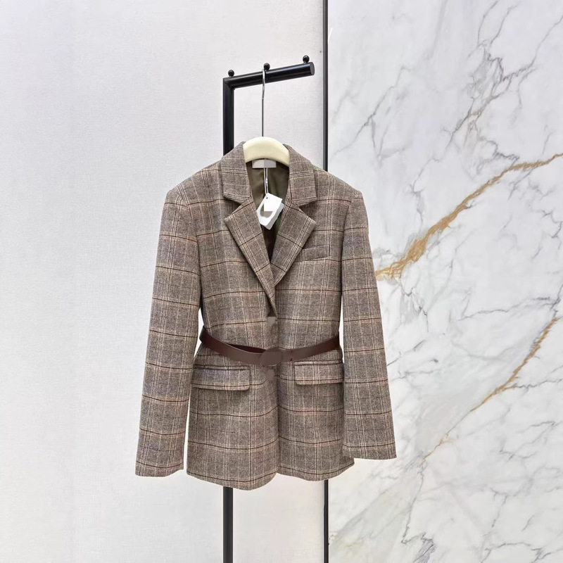 Shenzhen Nanyou 26 Early Spring Retro British Style Contrast Plaid Lapel Waist-Cinching Slim Woolen Blazer for Women