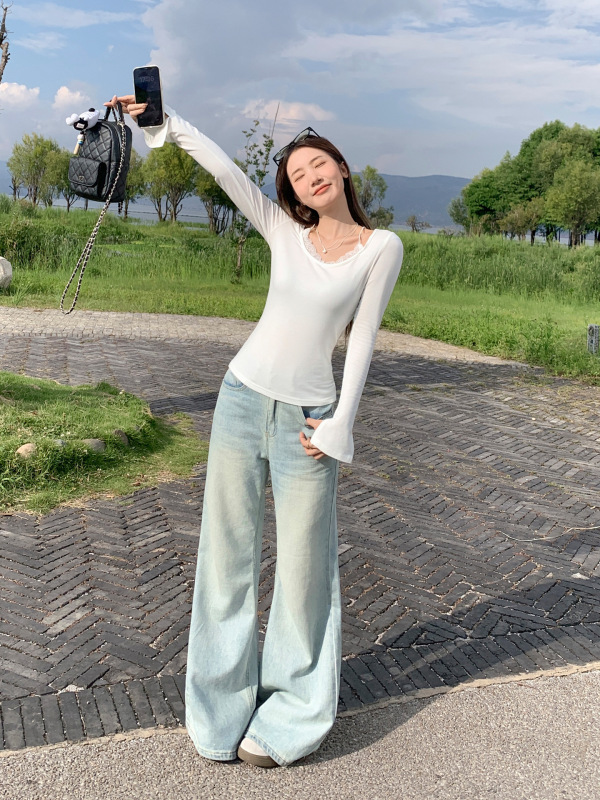 白色假两件蕾丝花边长袖T恤女2025早秋新款细肩带设计感修身上衣|undefined