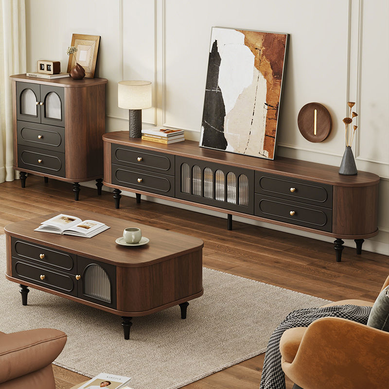 French Tv Cabinet Retro Mid-Century Style Solid Wood Tv Cabinet Coffee Table Combination Living Room Home 2025 New American Style
