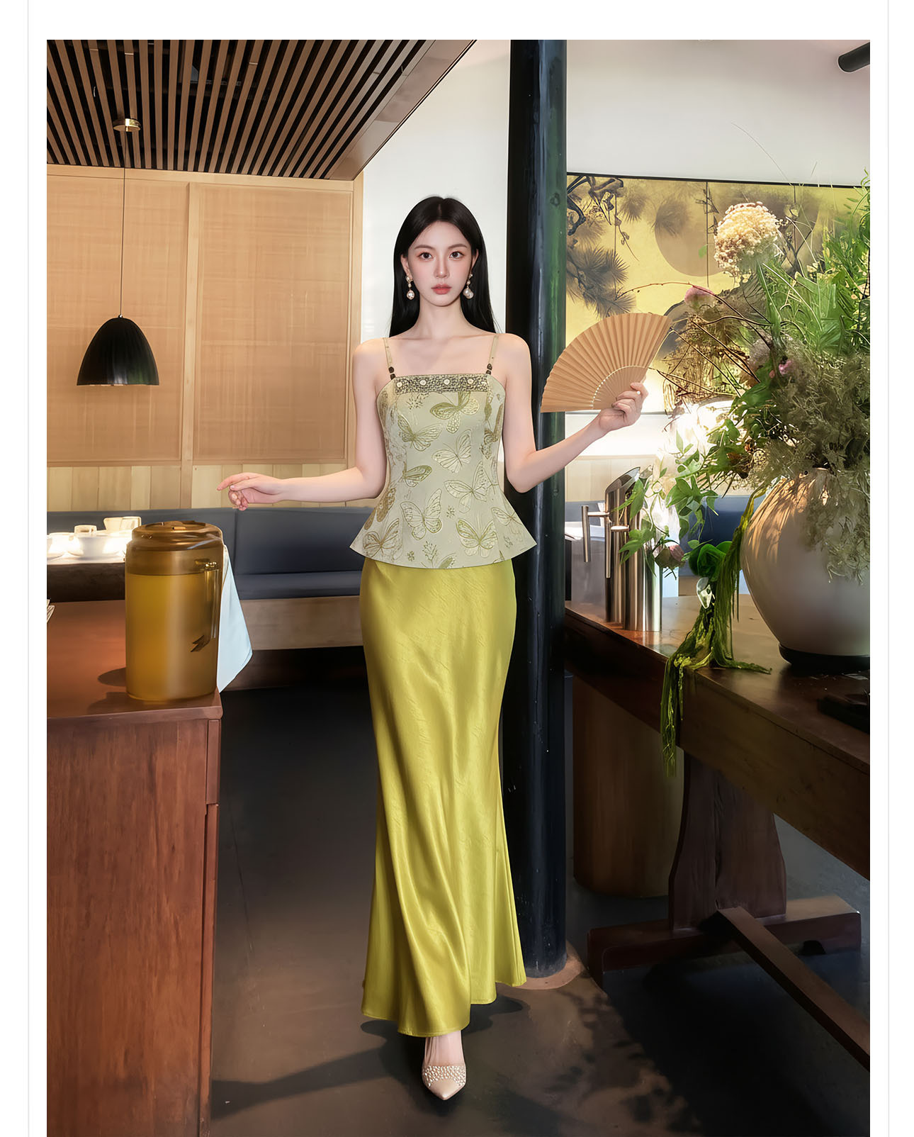 Bộ đầm maxi thắt eo phong cách Tân Trung Hoa thêu ren cổ điển — bộ đồ, Trang chủ, Màu xanh lá cây nửa váy chi tiết 10