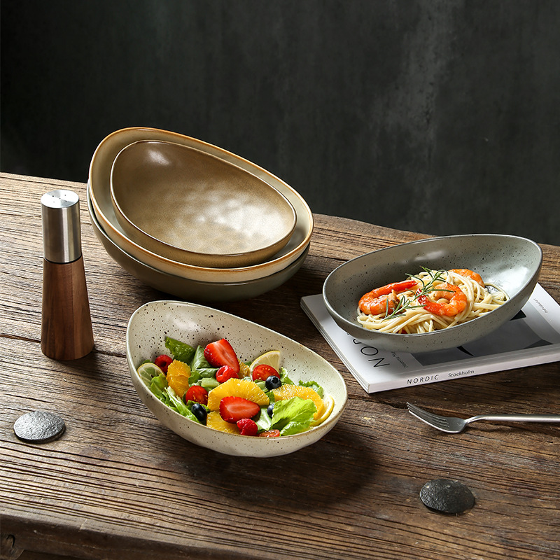 Cross-border Handmade Stoneware Bowl Oval Vintage Salah Bowl Commercial Shaped Bowl Large Soup Bowl Household Fruit Dish Plate