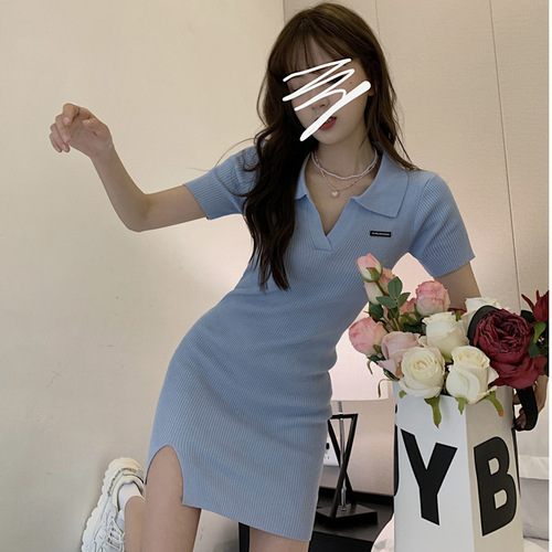 Summer New Slim Fit Collar Dress Women Pure Desire Skirt Hot Girl Slit Knit Bustier Short Skirt