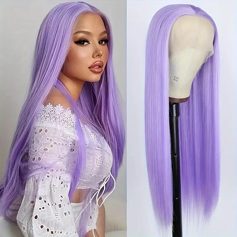 Purple large wave cosplay chemical fiber front lace wig 13*4 purple straight hair front lace chemical fiber head cover