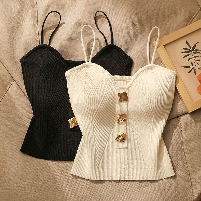2025 verano nuevo estilo de alta calidad pequeño viento fragante de punto de tela de pecho chaleco con mujer sin mangas hermosa camisa corta