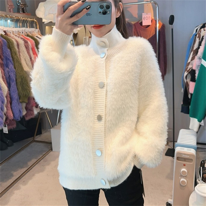 Furry Style Sweater Women's Outwear 2025 Autumn and Winter New Loose Stand-Up Collar Single-Breasted Mink Velvet Knitted Cardigan for Women