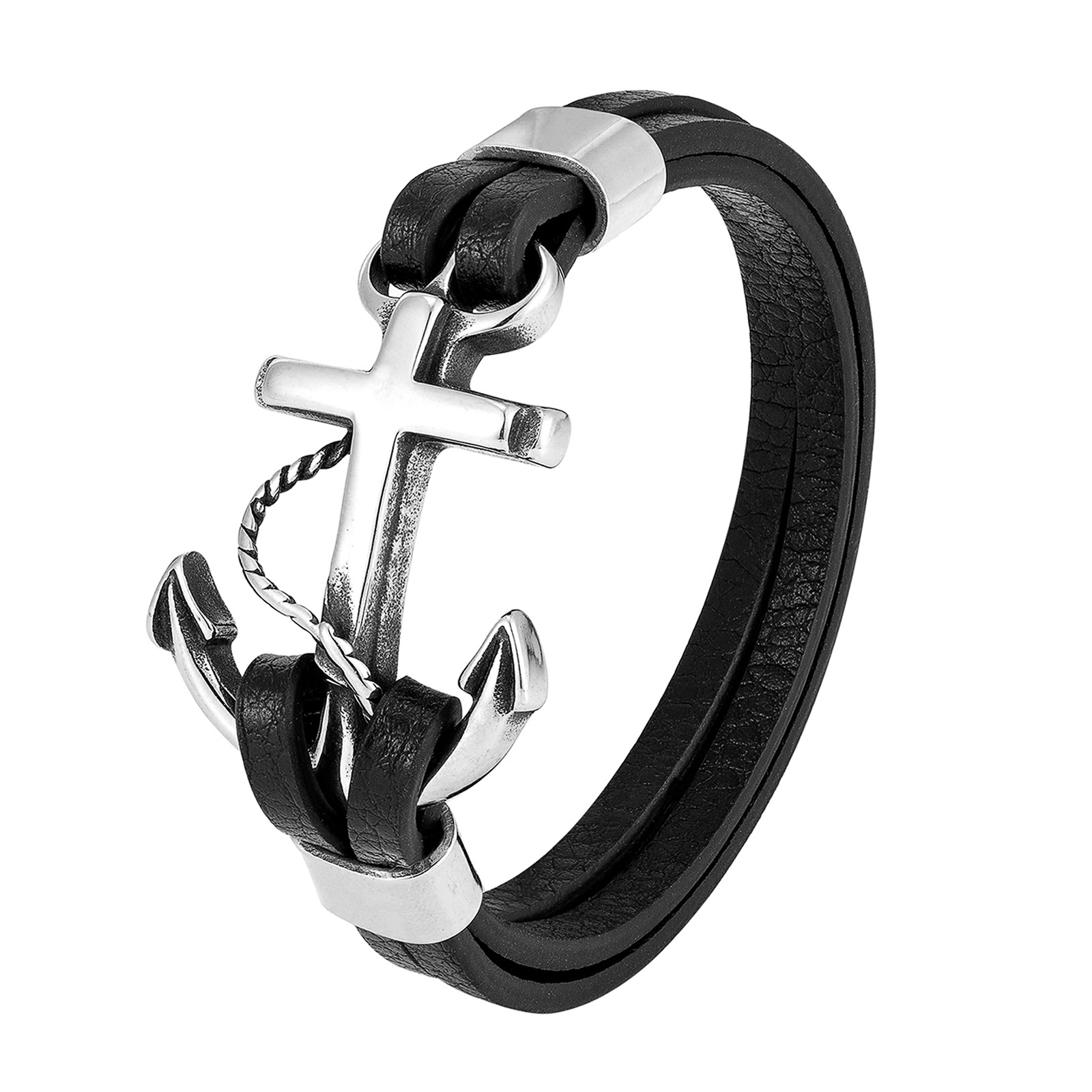 皮革手环手船锚手镯真皮编织简约男士皮手链复古不锈钢皮绳L20244