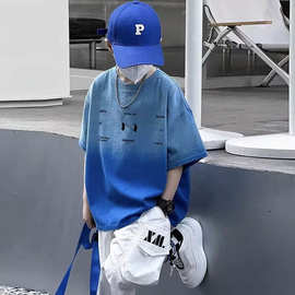 男童纯棉短袖t恤2026新款儿童夏装衣服男孩撞色渐变上衣中大童潮T