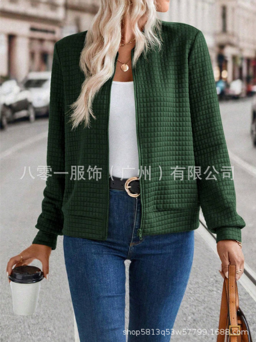 现货批发亚马逊热销新款欧美女装长袖拉链纯色拼接开衫纯色外套女|undefined