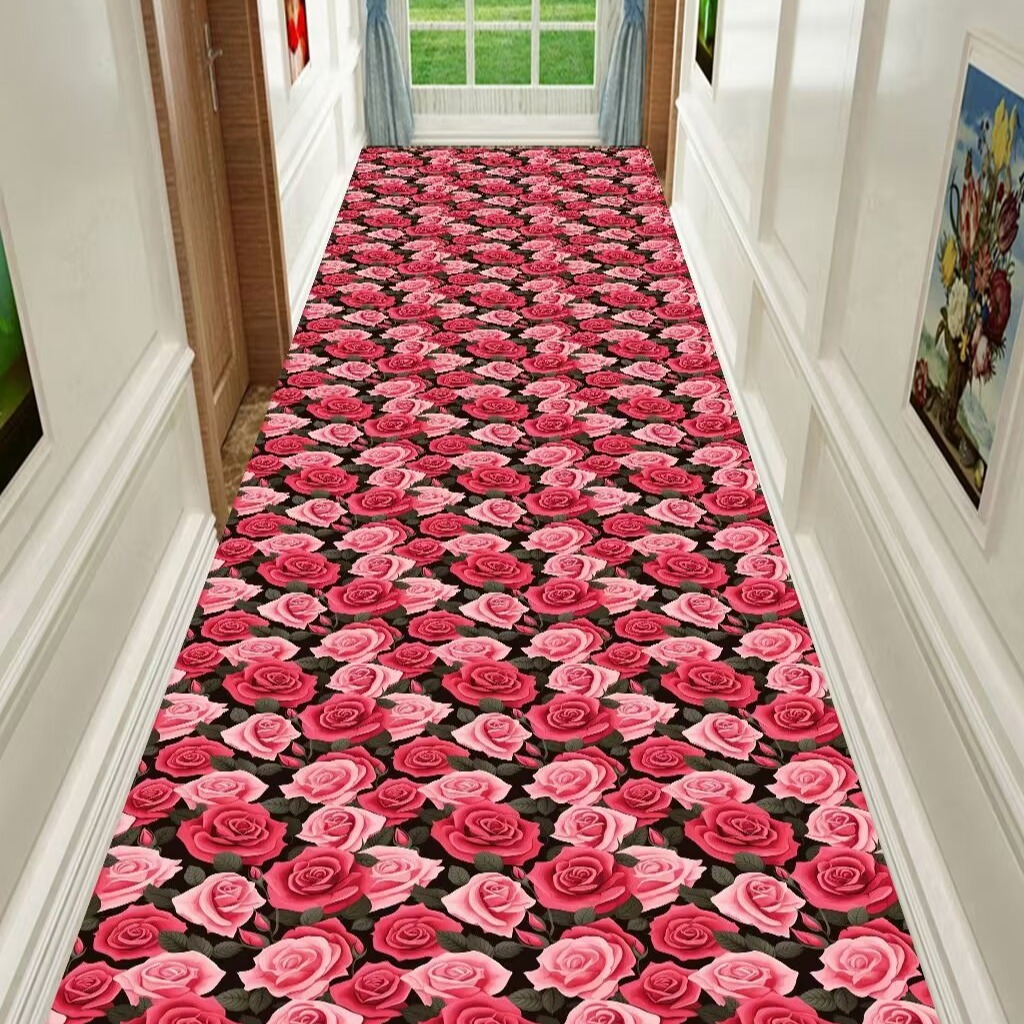 门廊过道长条地毯水晶绒玫瑰花风格婚房床边地毯防滑耐用可机洗