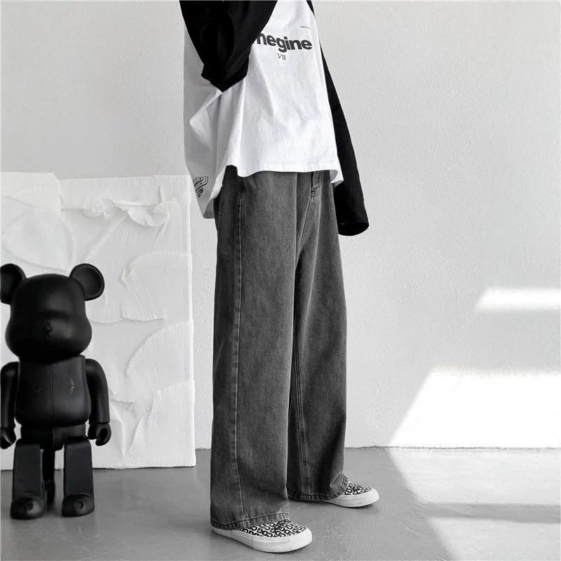 Smoky gray men's jeans, spring straight loose fit, drapey wide-leg pants, trendy American high street style, floor-length trousers Smoky gray men's jeans, spring straight loose fit, drapey wide-leg pants, trendy American high street style, floor-length trousers